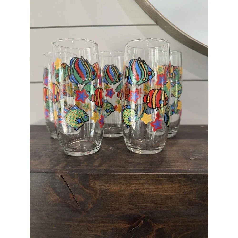 Lot of 5 Libbey 16 oz Tropical Fish Glasses Tumblers Vintage Retro